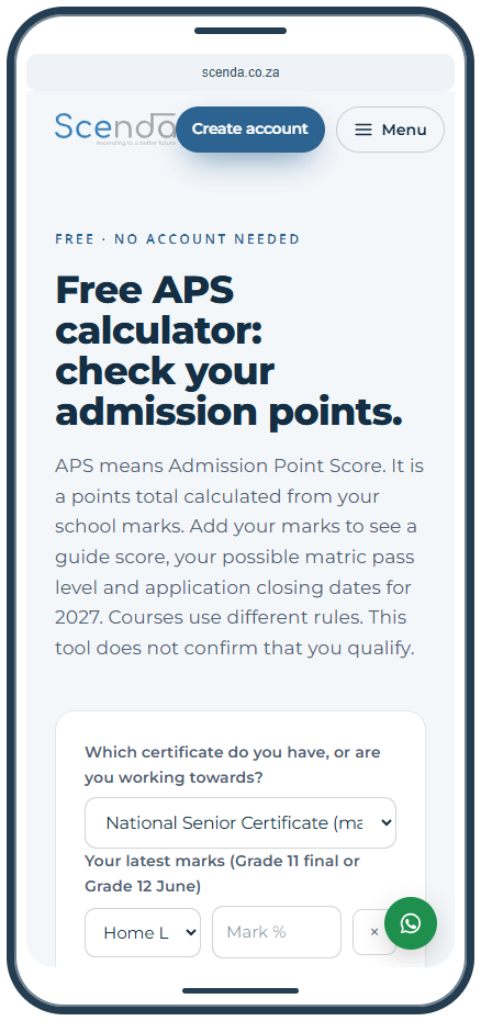 The current free Scenda APS calculator on a phone, explaining admission points above the certificate selector and latest school mark fields