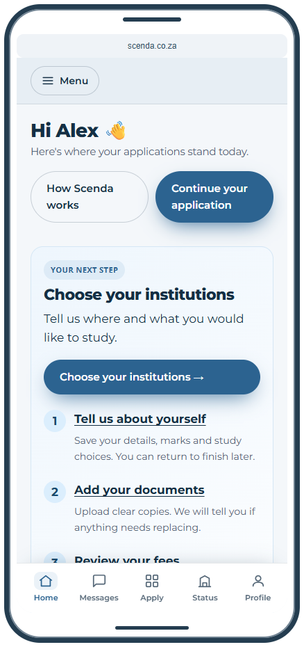 The current Scenda learner dashboard on a phone, showing the next step and a guide to details, documents, fees and application status with sample learner data