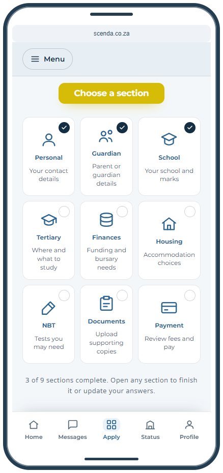 The current Scenda application hub on a phone: nine section tiles with descriptions and completion badges, shown with sample learner data
