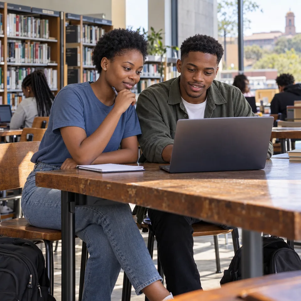 Two students reviewing an application together in a library